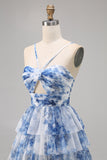 Green Floral Tiered Keyhole A Line Short Homecoming Dress