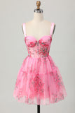 Pink Flower A Line Corset Short Homecoming Dress