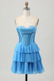 Strapless Fuchsia Corset Tiered A Line Short Homecoming Dress