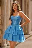 Blue Strapless Corset Tiered A-Line Short Homecoming Dress