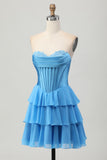 Fuchsia Strapless Corset Tiered A Line Short Homecoming Dress