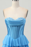 Fuchsia Strapless Corset Tiered A Line Short Homecoming Dress