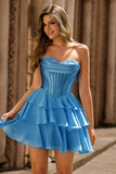 Blue Strapless Corset Tiered A-Line Short Homecoming Dress