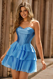 Blue Strapless Corset Tiered A-Line Short Homecoming Dress