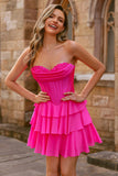 Strapless Fuchsia Corset Tiered A Line Short Homecoming Dress