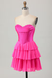 Fuchsia Strapless Corset Tiered A Line Short Homecoming Dress