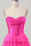 Fuchsia Strapless Corset Tiered A Line Short Homecoming Dress