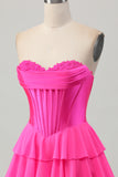Fuchsia Strapless Corset Tiered A Line Short Homecoming Dress