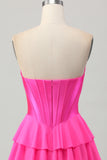 Fuchsia Strapless Corset Tiered A Line Short Homecoming Dress