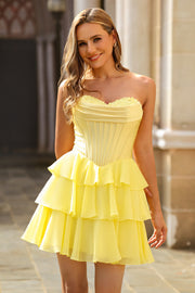 Strapless Yellow Corset A Line Tiered Short Homecoming Dress