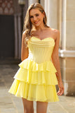 Strapless Yellow Corset A Line Tiered Short Homecoming Dress