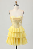Strapless Fuchsia Corset Tiered A Line Short Homecoming Dress