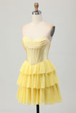 Fuchsia Strapless Corset Tiered A Line Short Homecoming Dress