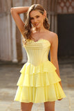 Strapless Yellow Corset A Line Tiered Short Homecoming Dress