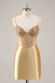 Golden Corset Bodycon Tight Beaded Short Homecoming Dress