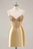 Golden Bodycon Spaghetti Straps Corset Beaded Short Homecoming Dress