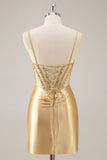 Golden Bodycon Spaghetti Straps Corset Beaded Short Homecoming Dress