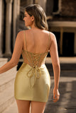 Golden Bodycon Spaghetti Straps Corset Beaded Short Homecoming Dress
