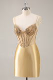 Golden Corset Bodycon Tight Beaded Short Homecoming Dress