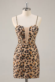 Kahki Leopard Corset Bodycon Short Homecoming Dress with Sequins