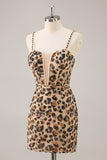 Kahki Leopard Corset Bodycon Short Homecoming Dress with Sequins