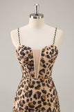 Kahki Leopard Corset Bodycon Short Homecoming Dress with Sequins