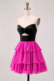 Black Fuchsia Tiered Strapless A Line Cut Out Homecoming Dress