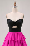 Black Fuchsia Tiered Strapless A Line Cut Out Homecoming Dress