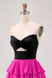 Black Fuchsia Tiered Strapless A Line Cut Out Homecoming Dress