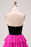 Black Fuchsia Tiered Strapless A Line Cut Out Homecoming Dress