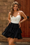 Strapless Black White Tiered Cut Out A Line Homecoming Dress