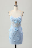 Blue Corset Sequins Floral Bodycon Homecoming Dress
