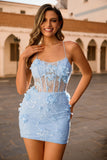 Blue Corset Sequins Floral Bodycon Homecoming Dress