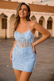 Blue Corset Sequins Floral Bodycon Homecoming Dress