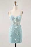 Blue Corset Sequins Floral Bodycon Homecoming Dress