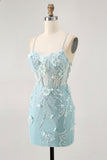 Blue Corset Sequins Floral Bodycon Homecoming Dress