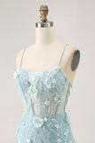 Blue Corset Sequins Floral Bodycon Homecoming Dress