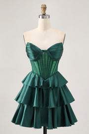 Dark Green Beaded A-line Strapless Corset Homecoming Dress