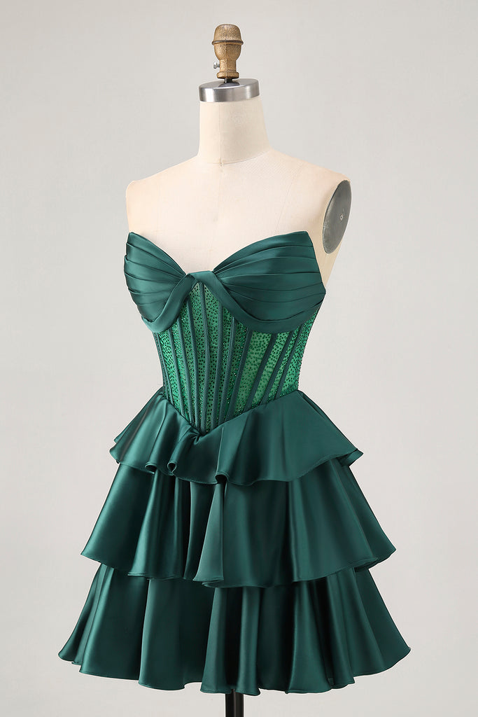Zapaka Women Strapless Homecoming Dress Dark Green Tiered Corset Beaded