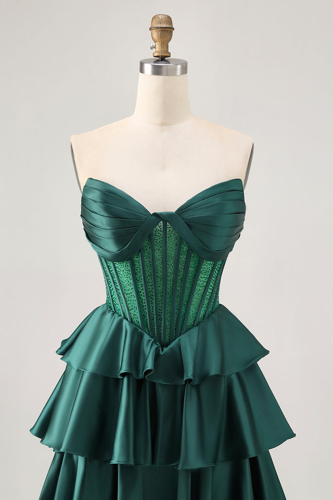Zapaka Women Strapless Dress Dark Green Tiered Corset Beaded — free download