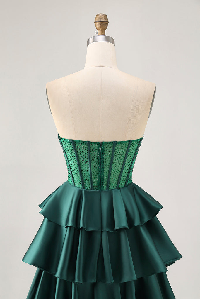 A Line Strapless Corset Green Satin Long Prom Dress Elegant Evening Dress