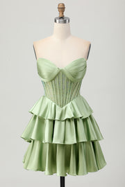 Green A-line Strapless Tiered Corset Beaded Homecoming Dress