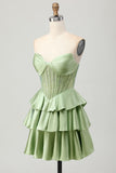 Green A-line Strapless Tiered Corset Beaded Homecoming Dress