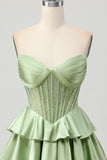 Green A-line Strapless Tiered Corset Beaded Homecoming Dress