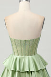 Green A-line Strapless Tiered Corset Beaded Homecoming Dress