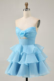 Cute Blush A-Line Strapless Cut Out Tiered Short Homecoming Dress
