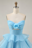 Cute A-Line Strapless Cut Out Blue Tiered Short Homecoming Dress