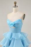 Cute A-Line Strapless Cut Out Blue Tiered Short Homecoming Dress