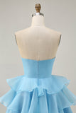 Cute A-Line Strapless Cut Out Blue Tiered Short Homecoming Dress