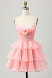 Cute Blush A-Line Strapless Cut Out Tiered Short Homecoming Dress